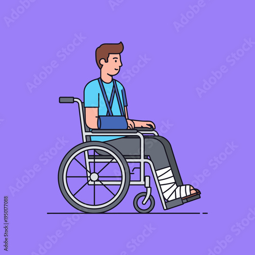 Man with broken arm and leg in wheelchair, recovering from injury