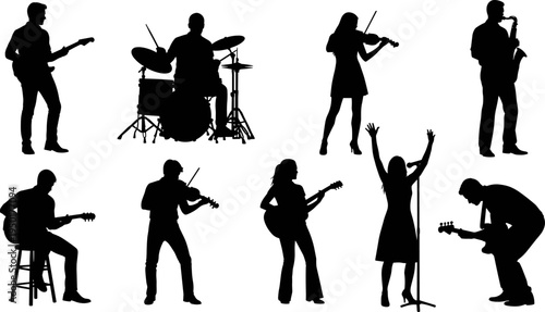 music band silhouettes, musicians playing instruments, guitarist drummer violinist saxophonist singer, live concert performance, stage entertainment, rock band