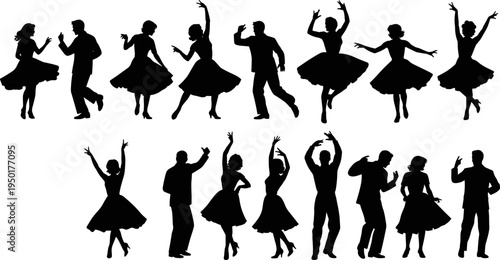 dancing people silhouettes, retro party dancers, male female dance poses, swing rock style, celebration movement, entertainment performance, vintage dance