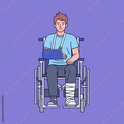 Man with broken arm and leg in wheelchair, recovery and rehabilitation concept