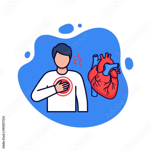 Man with chest pain holding heart, heart attack symptom illustration