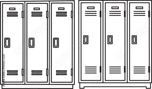 Row of metal lockers, school or gym, simple line art illustration