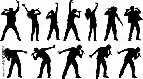 Singer silhouette collection, microphone performance poses set, male female vocalists singing on stage, music concert performer silhouettes isolated