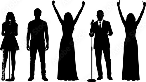 singer silhouettes collection, male female performers, microphone stage artists, live music concert, vocal entertainment, performance poses, show business