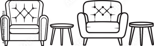 Two armchair chairs with small side tables, interior design, simple line art, Living Room