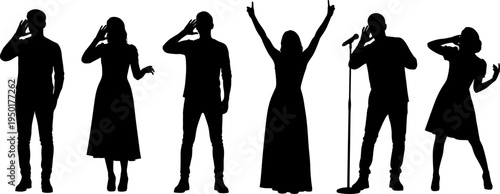 singer silhouettes collection, male female vocal performers, microphone stage poses, live music concert artists, entertainment show performance