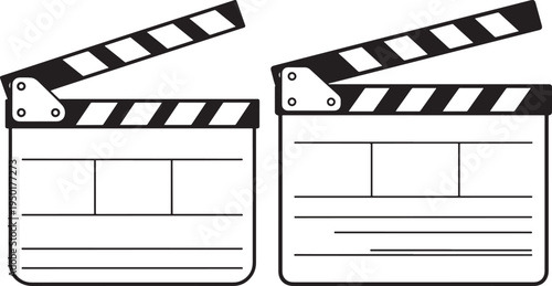 Two black and white clapperboards, filmmaking equipment, graphic resource, simple illustration, Copy Space, White Background, Studio Equipment, Media Production