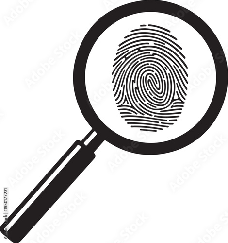 A magnifying glass is focused on a fingerprint