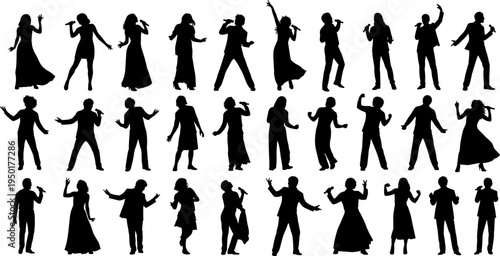 singer silhouettes collection, male female vocal performers, microphone stage poses, live music concert artists, entertainment show performance set
