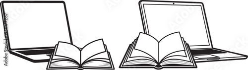 Outline Laptop and Open Book Icons - Vector Graphic for Digital Learning, Online Education, and Academic Study Concepts, Education Icon, Study Tools, Line Art