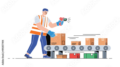 Logistics and Efficiency: An illustration of a diligent worker, scanning packages on a moving conveyor belt, representing the modern essence of distribution and delivery.