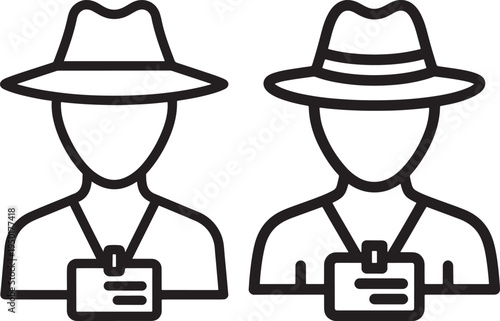 Two reporters or detectives with hats and ID badges, simple icon set, Id Badges