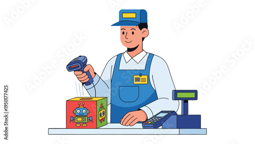 Retail Checkout: A retail worker scans a box on a checkout counter, demonstrating efficiency and modern customer service. 