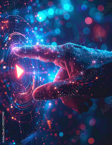 User interacting with a flowing digital data stream for cloud computing and information management; concept of high-speed connectivity and big data.