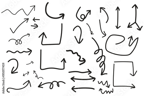 Collection of hand drawn arrows and directional symbols