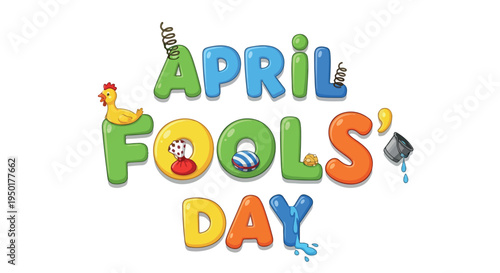Colorful typographic illustration of April Fools' Day with playful cartoon characters on a white background.