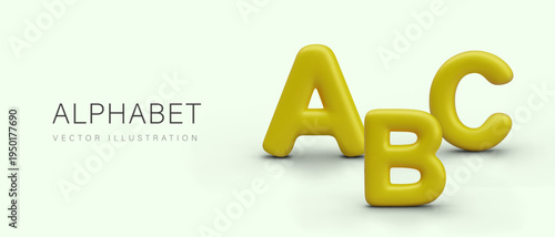 Vector alphabet concept in cartoon 3D style. Set of uppercase letters on yellow background. Advertisement of educational courses, classes, school. Online language learning