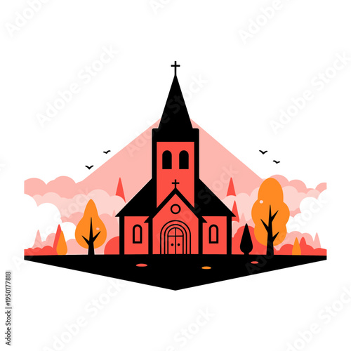 Graphic Church Building with Trees