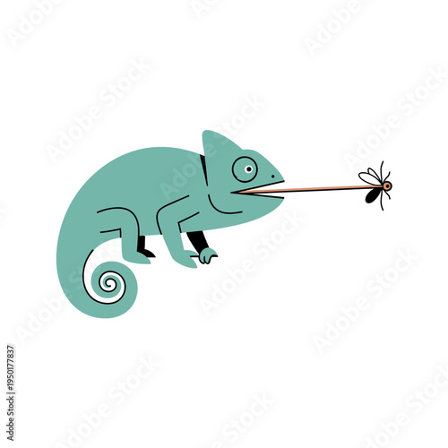 Cartoon Chameleon Catching Fly with Tongue