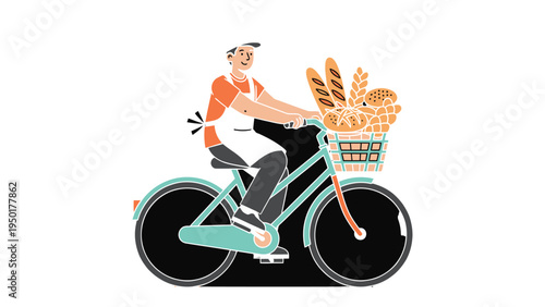 Bakery Delivery by Bicycle: A smiling baker on a bicycle delivering freshly baked bread and pastries, a charming scene of artisanal service and local commerce.