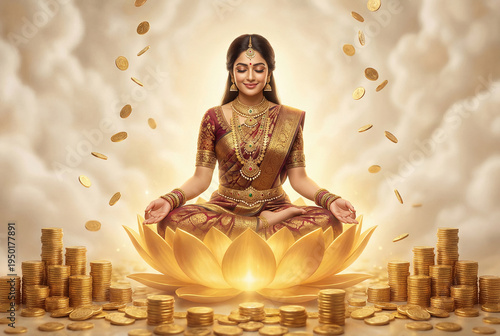 goddess lakshmi sitting on gold lotus on akshay tritiya festival
