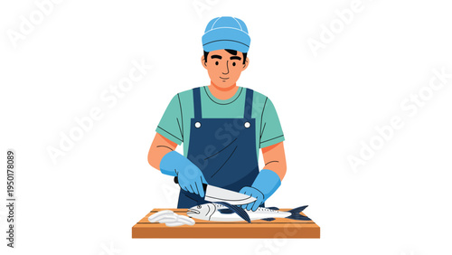 Artisan Seafood Prep: A skilled seafood artisan meticulously cuts fresh fish on a wooden cutting board, showcasing precision and culinary expertise.