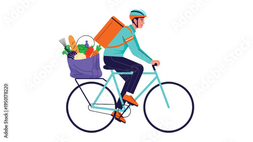 Swift Delivery: A cyclist expertly balances a bountiful haul of groceries, representing convenience and sustainability in the realm of food transport.