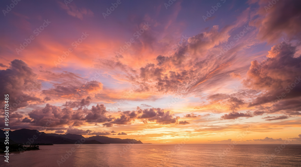 Fototapeta premium Stunning Sunset Over the Ocean with Vibrant Cloudscape and Distant Horizon
