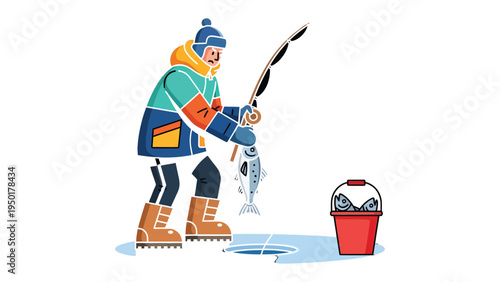Ice Fishing Success: An illustration of a fisherman, bundled in winter attire, has a successful ice fishing session, pulling a fish from a frozen lake, with a bucket nearby filled with their catch.