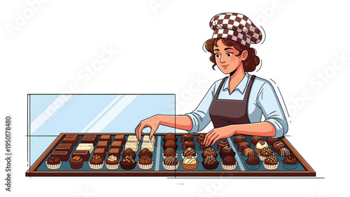 Artisan's Sweet Selection: An artisan meticulously arranges a delectable assortment of handcrafted chocolates on display, showcasing a variety of flavors and shapes.