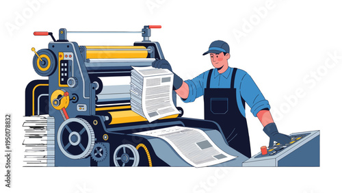 Print Shop Operator: An operator working in a print shop, meticulously managing a printing machine, with stacks of freshly printed newspapers and the tools of his trade. 