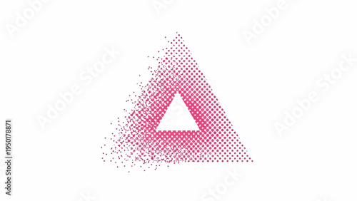 Abstract Pink Triangle Dissolving into Particles on White Background