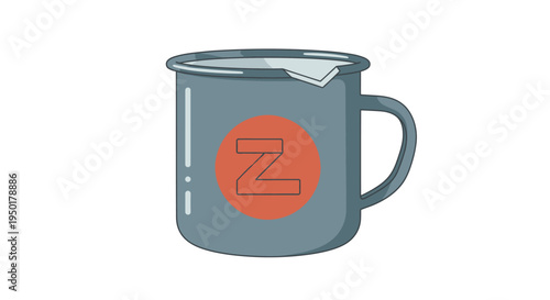 A gray mug with a red logo.