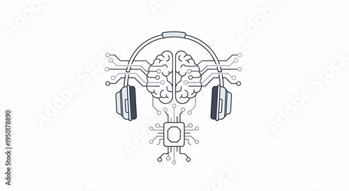 Brain with headphones and robotic elements.