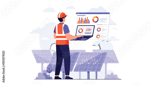 Solar Panel Inspection: An engineer meticulously examines solar panels, his attention focused on data analysis.