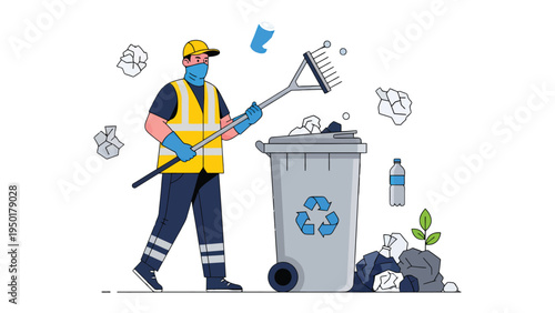 Eco-Conscious City Sanitation: An essential city sanitation worker, equipped with protective gear, diligently cleans up refuse and maintains cleanliness.