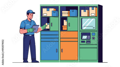 Smart Delivery and Parcel Management: A delivery professional uses a digital device to manage packages within an automated locker system, illustrating modern logistics and secure delivery solutions.