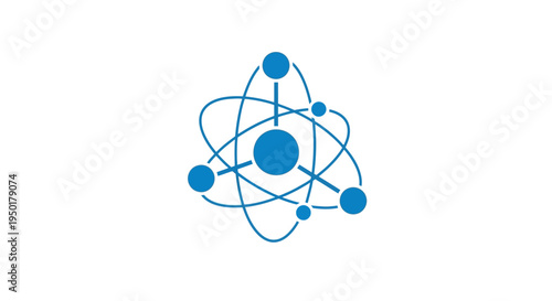 A blue atom symbol with orbiting particles.