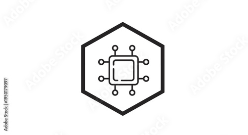 A black and white line drawing of a microchip in a hexagon.