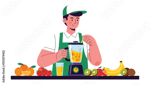 Freshly blended delight: A friendly vendor expertly crafts a vibrant smoothie, surrounded by an array of fresh fruits, showcasing a moment of culinary expertise and healthful options.