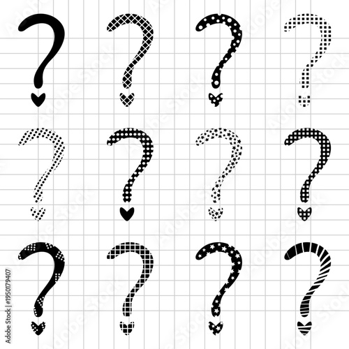 Question mark set on checkered background, shapes with different abstract filling, black monochrome signs. Vector cliparts with hearts, romantic mood punctuation marks, isolated doodles