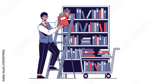 The Librarian's Library: An intellectual setting featuring a person at work in a library. A male librarian meticulously organizes books in a vibrant and engaging library setting.