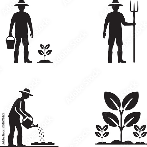 Silhouette illustrations of a farmer tending to plants