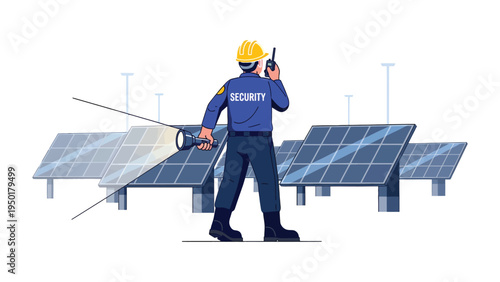 Solar Panel Security: A dedicated security guard, equipped with a flashlight and radio, diligently patrols a solar panel installation.