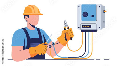 Electrical Technician at Work: An electrician, donned in protective gear, meticulously handles wires and equipment, showcasing skill and precision in the realm of electrical work. 