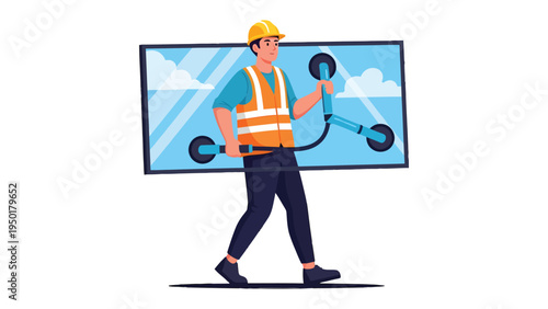 Technician with Window Installation: A skilled technician, equipped with specialized tools, carefully installs a large window, embodying precision and expertise in construction.