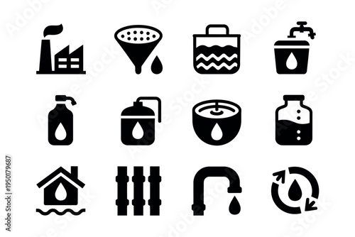 Water droplet icon set representing wastewater treatment recycling aeration tank plant process in vector design