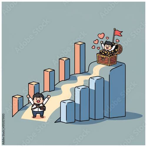 A cartoon illustration of a man climbing up a bar graph chart with another man celebrating on top with a treasure chest and hearts. Perfect for business, finance, and marketing materials.
