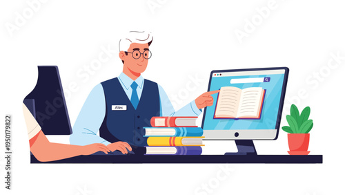 Digital Literacy: An educational illustration showcases a librarian guiding an individual through the world of digital literacy, a harmonious blend of traditional books and modern technology.