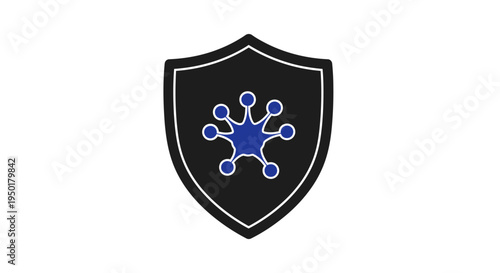 Shield with blue molecular structure symbol.